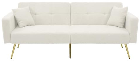 HAINEW Klappbares Schlafsofa mit Schlaffunktion, Moderner 2-Sitzer Couch Sofa Klappsofa Bettcouch Gästebett mit Kissen und Seitlichen Aufbewahrungstaschen für Wohnzimmer Schlafzimmer Büro (Weiß)