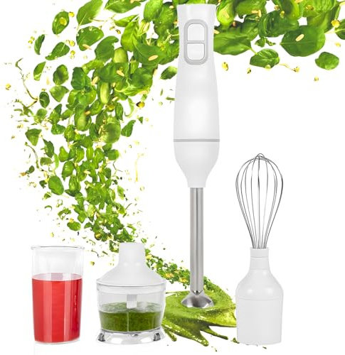 Wintem Frullatore ad Immersione in Acciaio Inox con Sbattitore per Panna Montata 2 Velocità 350W Bianco - Ideale per Diverse Pietanze con due Comodi Contenitori 0,5/0,7L - Smontabile Facile da Pulire
