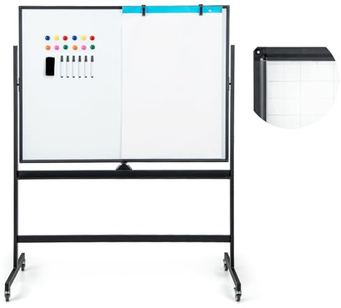 FANTASK Doppelseitiges mobiles Whiteboard, 120 x 90 cm, Trocken abwischbares magnetisches Whiteboard mit Gittermuster, Rollen, Ständer und Stiftablage, inkl. Zubehör für Büro, Zuhause (Schwarz)