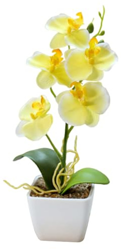 Gcroet 1PC Fake Orchid in Pot Realistic 10.6 Inch Yellow Faux Orchid with 5 Flower Head Decorative Artificial Orchid Vivid Vibrant Fake Orchid Plant for Home Office Wedding
