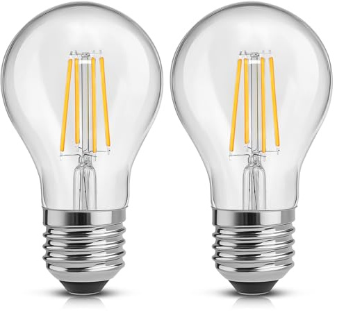 Morotty Bombilla LED E27, Filamento A60 4W Equivalente a 40W, 400 Lúmenes，Blanco Cálido 2700K, Bombilla Decorativa Casquillo E27, Cristal Transparente, No Regulable, Paquete de 2