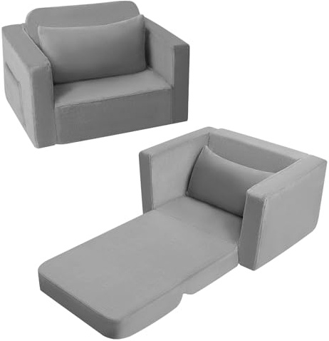 MeMoreCool Kindersofa Kindersessel Ausklappbar, Bequemes Bettsofa für Kleinkinder, 2-in-1 Schlafsofa für Kuschelecke Kinderzimmer, Mini Baby Sofa mit Schlaffunktion für Jungen und Mädchen (Grau)