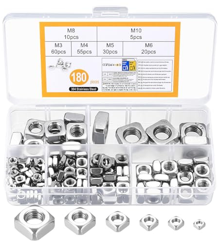 180 PiezasTuercas Cuadradas, Tuerca Cuadrada, Tuercas de Acero InoxidableTuercas Roscadas, Tuercas de Inserción Cuadradas DeslizantesTuercas para Tornillos Madera, M3 M4 M5 M6 M8 M10
