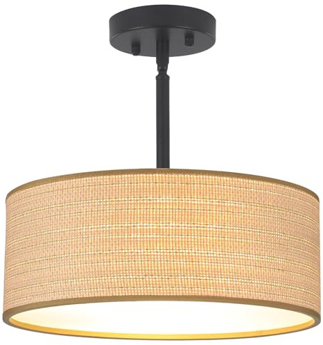 Heircido Rattan Sloped Ceiling Light Fixture, 13 Woven Boho Semi Flush Mount Lights with Drum Fabric Shade, Lighting for Bedroom, Dining Room, Living Room, Hallway, Entryway