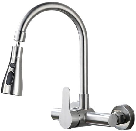 Rubinetto Cucina a Muro Acciaio Inossidabile Modalità 3 Impugnatura Singola-Spazzolato