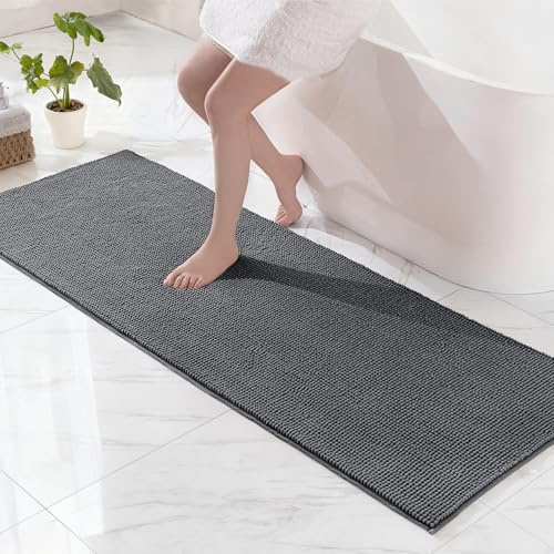 Exclusivo Mezcla Tapis de Bain en Chenille - Super Doux, Antidérapant et Absorbant, Séche Rapide et Lavable en Machine, pour Salle de Bain, Douche et Décoration Intérieure, 60 x 180 cm, Gris