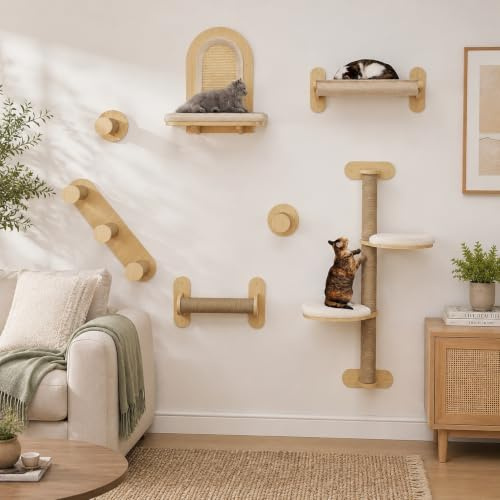 BYBYME 7-teilige Katzen-Wandregale, Kratzbaum aus Massivholz für den Innenbereich, mehrere Ebenen, stabile wandmontierte Katzenklettergerüste aus Holz mit Kratzbäumen, Katzenbett (Naturholz)