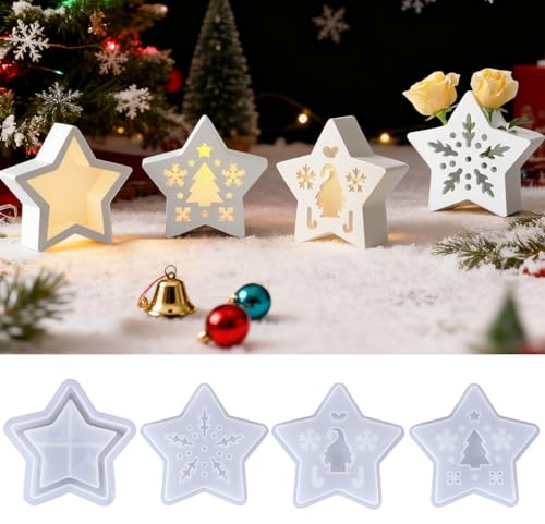 Lot de 4 Moules en Silicone Noël, Moule Résine Époxy Étoile, DIY Moules pour Coulée Résine, Plâtre, Décoration de Noël, Porte-Bougie