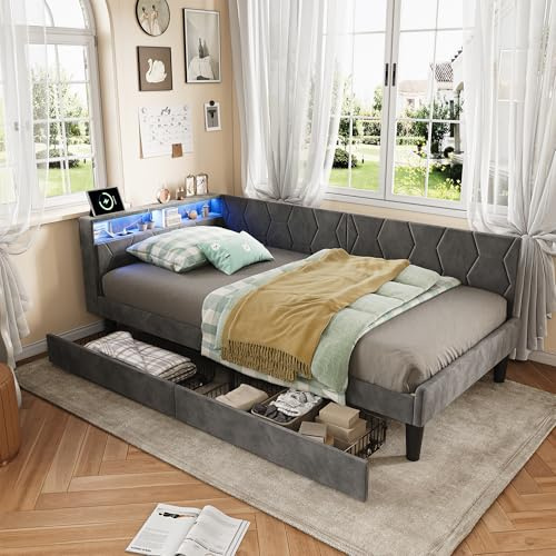 QMTXBYJ Polsterbett 90x200 cm Einzelbett mit Stauraum,Schlafsofa mit 2 Schublade,Polsterbett Daybett mit LED-Lichtern und USB,Jugendbett 90x200 mit Lattenrost,Flanell,Grau,Ohne Matratze