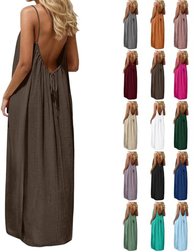 Backless Cami Dresses for Women Cami Lounge Dress Backless Solid Color Sleeveless House Dress Long Sundress with Back Tie Ladies Casual Maxi Loose Fit Beach Dresses Summer Holiday Tunic Sundress S-5XL