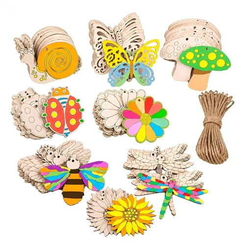 Mailfull 48 colgantes de madera para pintar, decoración de primavera para colgar, 8 estilos de madera para manualidades con agujero y cuerda para manualidades, pintura infantil, manualidades
