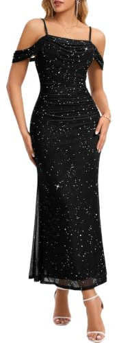 Meetjen Women's Sparkly Wedding Guest Dresses Formal Off Shoulder Cowl Neck Ruched Mesh Bodycon Cocktail Maxi Dress