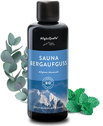 AllgäuQuelle® Saunaaufguss mit 100% BIO-Öle Atemwohl Eukalyptus Minze Salbei Cajeput (100ml). Natürlicher Sauna-aufguss m. ätherische Sauna-Öle im Aufguss-Mittel. Saunaöl naturrein Bio-Saunaduft