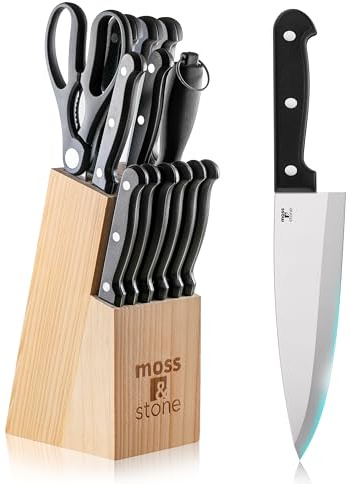 Moss & Stone 14 Pcs Knife Block Set Stainless Steel, Premium Forged Kitchen Knives Set with High-Carbon Blades, Ergonomic Handle, Sharp Blade, Rust Resistant, Modern Style for Home & Chef, Black