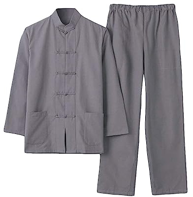 G-LIKE Herren Anzug Chinesischer Stil - Traditionelle Kampfkunst Kung Fu Tai Chi Wushu Klassisch Tangzhuang Langärmelig Hemd Hose Training Uniform Frühling Herbst Freizeit Kleidung (Dunkelgrau, XXL)