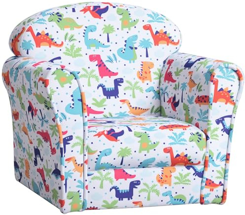 HOMCOM Children's Armchair Flannel Kids Sofa Tub Chair Cartoon Dinosaur Pattern Wooden Frame Bedroom Playroom Seater Multicolour