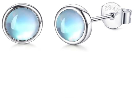 LOLIAS 6MM 925 Sterling Silber Ohrstecker Set für Damen Teens Massiv Silber Mondstein Ohrringe Hypoallergen Runde Edelstein Ohrstecker Geschenk Tochter Weihnachten Valentinstag