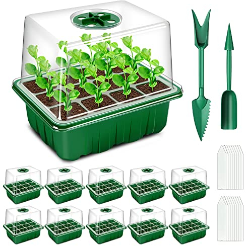 YAUNGEL Seed Trays, 10 Pack 120 Cells Propagator with Heightened Lids, Growing Thicken Seedling Starter Growing Trays with Adjustable Window for Greenhouse & Gardens, Green