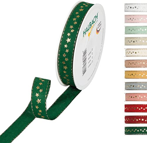Halbach Sidenband julband 15 mm x 18 m presentband för jul för inslagning av gåvor, band med stjärnor i guld tryckt lurexkant, färg: grön