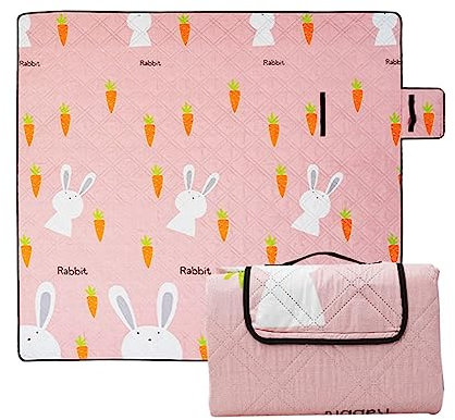 Yoonqun Picknickdecke Wasserdicht 300x200cm,Groß Outdoor Faltbare Picnic Blanket mit Tragegriff,Picnic Decke Waschbar für Camping,Picknick,Wandern,BBQ,Reisen Campingdecke,Niedliches rosa Kaninchen