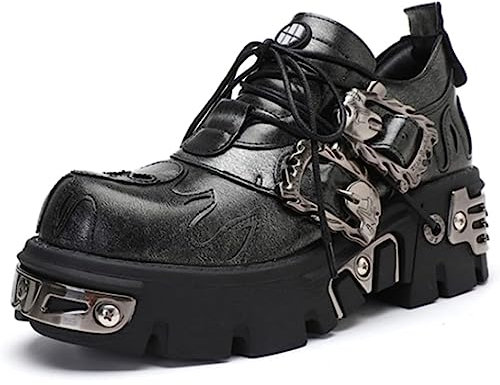 Damen-Stiefel mit hohem Absatz, Punk-Gothic-Cosplay-Damen-Stiefeletten, klobige Plateau-Keilschuhe, Nietenschädel-Pumps,Schwarz,39