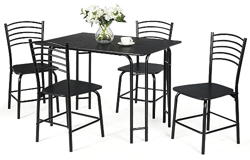 HOMASIS Esszimmer-Set mit 1 Tisch und 4 Stühlen aus Holz, rechteckiger Tisch, ergonomischer Stuhl mit Rückenlehne, 107 x 70 x 75 cm, Schwarz