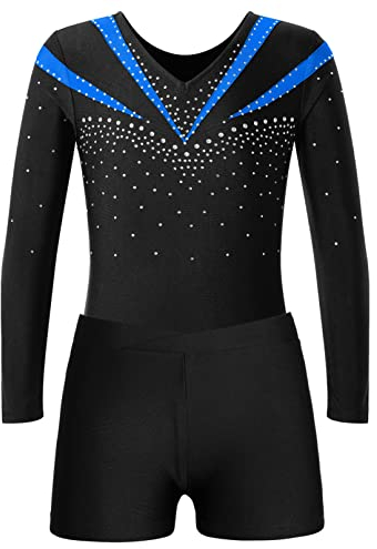 Jugaoge Mädchen Turnanzug Strasssteine Gymnastikanzug Langarm Trikotanzug mit Bein Sport Yoga Fitness Training Shorts Kurze Hose Tanz Kleidung Set Blau 146-152