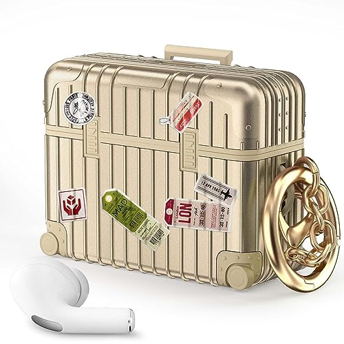 VISOOM für Airpods Pro 2 & 1 Hülle mit Karabiner, Gold | niedlich Suitcase stoßfeste TPU Schutzhülle für Airpods Pro 2 Case Mit DIY-Aufklebern, Front-LED Sichtbar,Kabelloses Laden