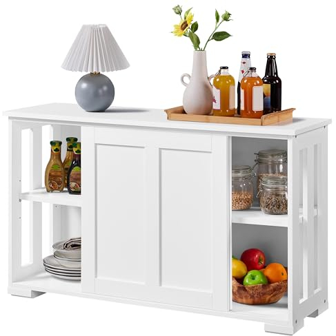 Yaheetech Küchenschrank Aufbewahrungsschrank mit Stauraum und Schiebetüren Konsolentisch Sideboard aus Holz Küchekommode freistehender Schrank Buffetschrank Beistellschrank Küchenmöbel Weiß