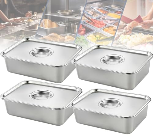 4 Stück Hotelpfannen halbe Größe mit Deckel, 6,3 cm tief, 1/2 Größe, Edelstahl, Dampftischpfanne, Buffet, Catering, Lebensmittelpfanne, Wärmer Panierschale, Teigpfannen für Hotel, Party, Catering
