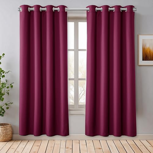 Praktisches Set ohne Bohren: 2x Vorhang + 1x Klemmstange silber 70-120 cm + 2x Raffhalter mit Magnet blickdicht & verdunkelnd, als Raumteiler, Fenster & Tür Rot Bordeaux Thermovorhang 200x135cm