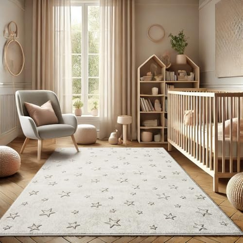 payé Teppich Kinderzimmer 120x160cm - Pastell Beige Creme - Kurzflor Spielteppich mit Sternen Motiv