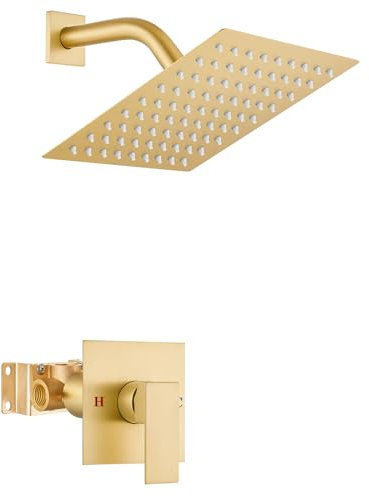 Airuida Shower Fitting Set Bathroom Rain Shower System 8 Inch Square Shower Head Single Function 1 Handle Trim Kit with Internal Thread Coarse Valve Cover Plate with H and C Labels Brushed Gold