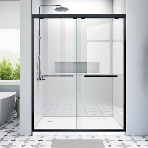Shower Doors Glass Sliding 60 inches,56-60'' W x 72''H Matte Black Semi Frameless Bathroom Door,Double Sliding Shower Screen for Walk in with Clear SGCC/ANSI Tempered Glass Stainless Steel Handles