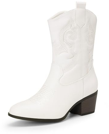 DREAM PAIRS cowboystövlar för kvinnor, cowgirlstövlar i mitten av vaden med broderi, rund tå, västerländsk tjocka lågklackade skor