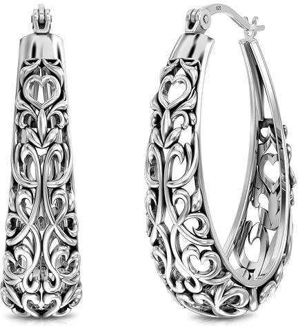 LeCalla 925 Sterling Silber Hoops Ohrring für Frauen | Frauen filigrane Hoop Ohrringe | Antik oxidiert Openwork Mesh Filigree Cut Ohrring Chunky Hoops | Hypoallergen Vintage filigrane Hoop Ohrringe