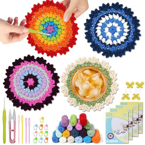 Häkel-Untersetzer-Set für Anfänger, Häkel-Blumen-Untersetzer-Set | Strick-Starter-Set | Blumen-Häkelset für Anfänger Komplettes Anfänger-Häkelset mit Häkelgarn für Erwachsene