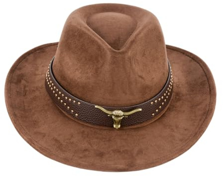 Cowboy Hat for Women and Men, Mens Western Cowboy Hats with Bull Head Womens Retro Vintage Jazz Hat Solid Color Cowgirl Hats for Adults, CoffeeC