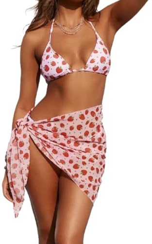 BSLVWG Women 3 Piece Bikini Sets with Skirt Halter Bikini Top Sexy Triangle Bikini Bottoms Beach Swimsuit Swimwear Bathing Suits (UK, Alpha, M, Regular, Regular, Strawberry)