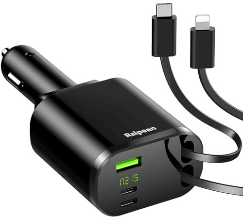 Retractable Car Charger,5-in-1 Car Chargers with Retractable USB-C & Lightn ing Cable, Fast Charging Adapter for i Phone & Android, All Most Cars