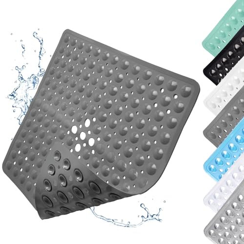 Tapis de Douche Antidérapant, 53x53cm Tapis de Douche Antidérapant avec Ventouses, Tapis de Douche Carré, Tapis de Douche avec Trous D'évacuation, pour Douche, Gris