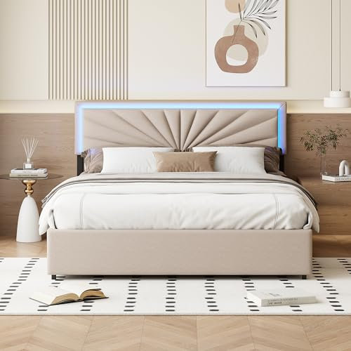 Schubladenbett, 140 x 200 cm, Bett 140 x 200 cm, mit LED-Rahmen, Doppelbett mit Lattenrost und 4 Schubladen, gepolstertes Bett, gepolstert, für Erwachsene und Jugendliche (140 x 200 cm)