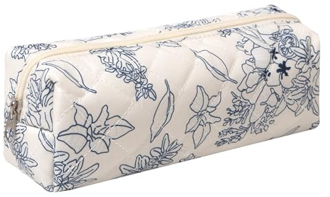 Fufumin Pencil Case Office College School Storage Bag Pouch Holder Box Organizer Makeup Pouch Cosmetic Bag Aesthetic Cute Pen Case (Dark Blue Flowers)