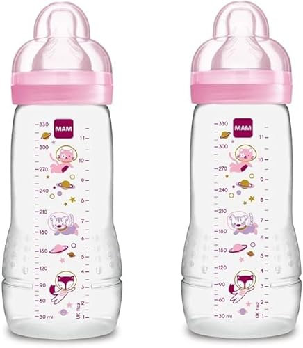 MAM Biberon Easy Active Baby Bottle 330 ml (Set da 2), Kit da 2 biberon MAM per bambini attivi ergonomici e pratici, Accessori neonato 4+ mesi allattamento con tettarella misura 3, Rosa assortito