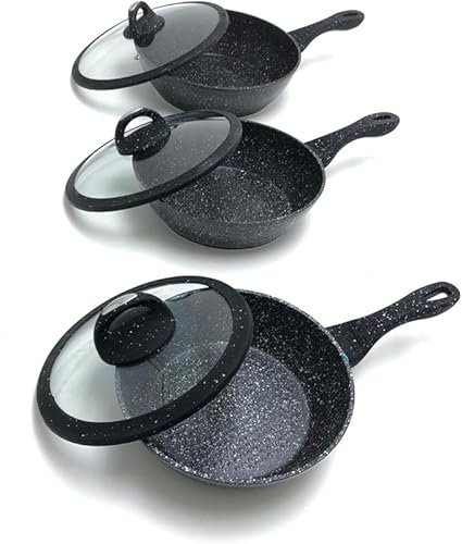 Generico Tris padelle Bavaria in pietra lavica antiaderenti 3 Padelle + 3 Coperchi Pietra Lavica 20-24-28cm, Pietra Lavica, Adatto a piano a Gas e a Induzione, Padelle e Coperchi (Nero)