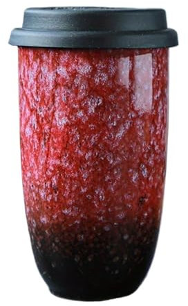 BODOBTF 1 x 480 ml Keramik-Kaffeetasse mit Silikondeckel und Tassenhülle, kreative große Kapazität, lässige Geschenke, Sommer, Winter, Trinkgeschirr (Kirschrot)