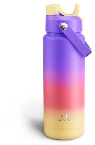 ENCOOL Insulated Water Bottle with Straw Stainless Steel Water Bottle, Leak-Proof, BPA-Free, Double Wall Vacuum Keeps Cold for 24 Hours for Sports, Travel, School (32 oz, Peach Dream)