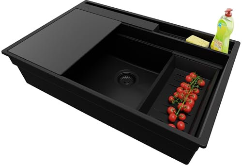 PRIMAGRAN Evier Cuisine en Granit Tout Noir 78x53cm, Lavabo 1 bac + Kit de Vidage + Planche à Découper, Évier à Encastrer al mueble 80cm - Oslo Pocket S267