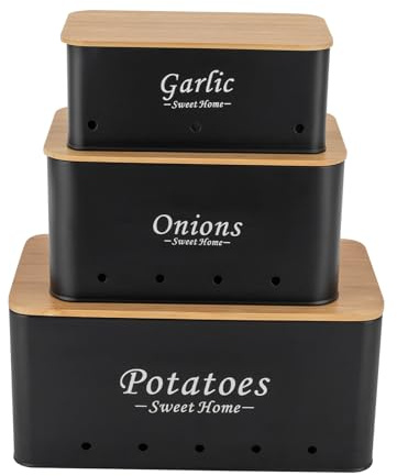 Aohuada 3er Aufbewahrungsbox-Sets Kohlenstoffstahl Bambus für Zwiebeln Kartoffeln Knoblauch Frischhaltung Stapelbar Küche Vorratsraum 33x18x15.5cm 1.7L