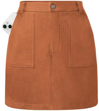 Kate Kasin Women's High Waist Solid Color Short Mini Skirt with Pockets Buttons Brown M